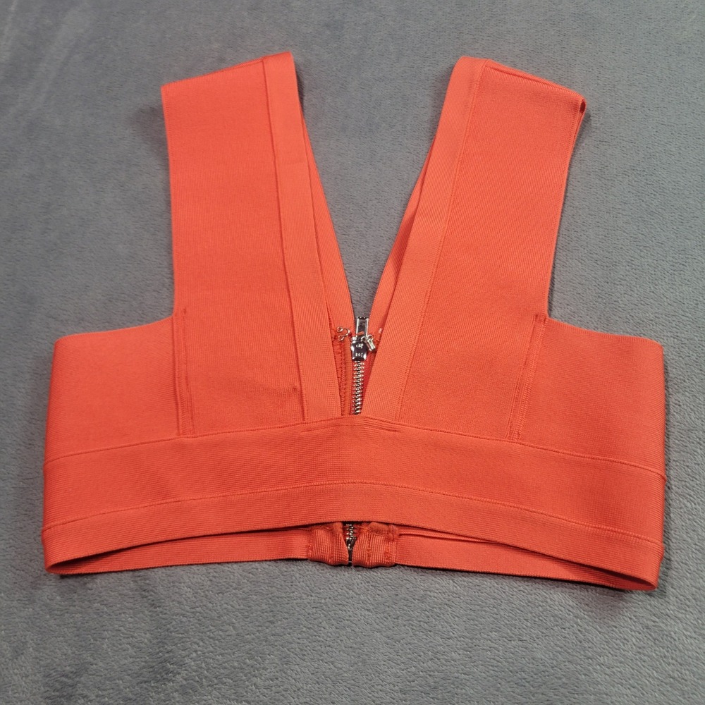 Bandage Crop Top Womens Small Orange V-Neck Front Zip Bodycon Sexy Clubwear SEO